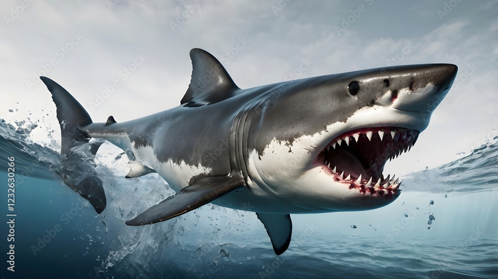 Naklejka premium Realistic 3D white shark with open mouth isolated on white background.