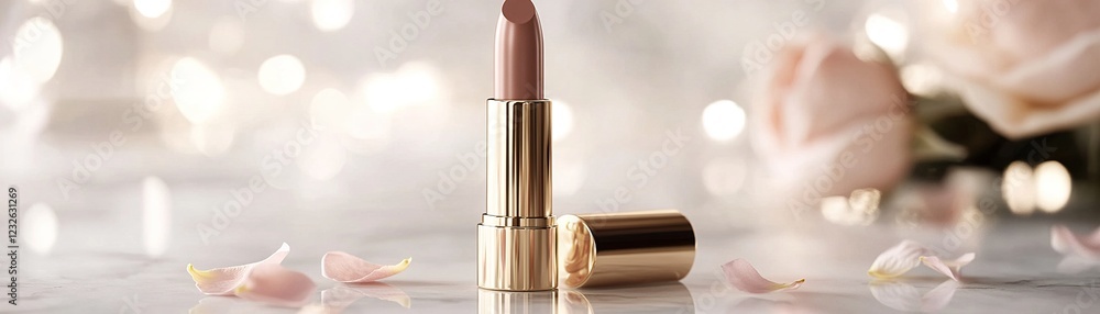 Naklejka premium A luxurious lipstick in a gold tube rests on a polished white marble surface, illuminated by soft lighting. Scattered rose petals enhance the elegant beauty aesthetic