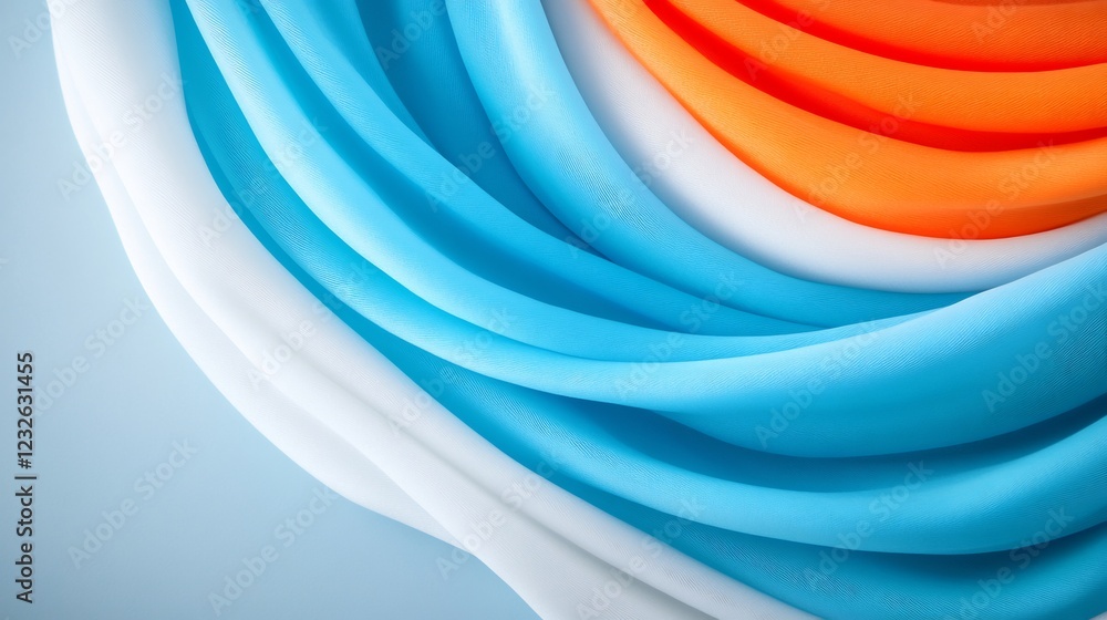 Fototapeta premium Vibrant blue orange white fabric swirls softly light background. AI Generated