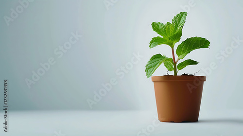A fresh mint plant with bright green leaves, in a small clay pot, on a white background