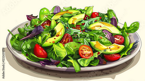 A fresh salad with mixed greens, avocado, cherry tomatoes, and a drizzle of dressing on a rustic plate