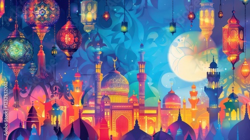 A vibrant Ramadhan Karim poster from Indonesia, with batik patterns, a mosque backdrop, colorful lanterns, and text in Arabic and Indonesian.
