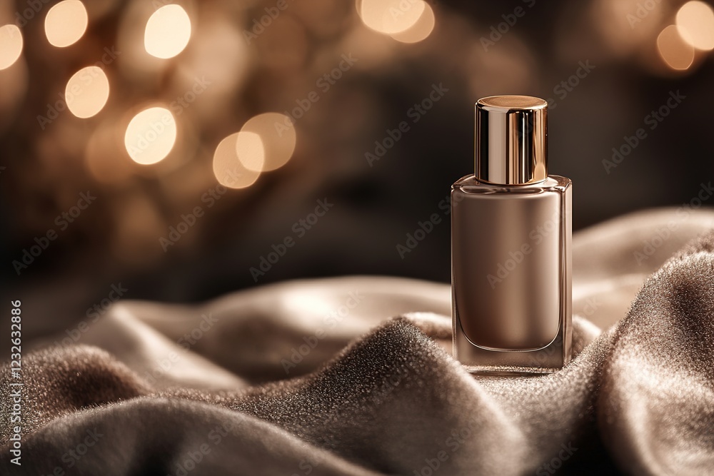 A sleek nail lacquer bottle stands elegantly on soft satin, showcasing metallic accents. Soft golden light enhances the luxurious ambiance, inviting admiration and allure A sleek nail lacquer bottle stands elegantly on soft satin, showcasing metallic accents. Soft golden light enhances the luxurious ambiance, inviting admiration and allure