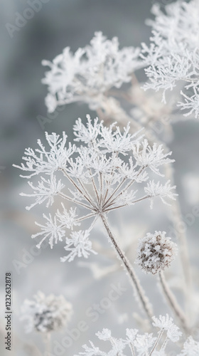 Frozen beauty of Queen Anne\'s lace adorned with delicate ice crystals on a winter\'s day photo