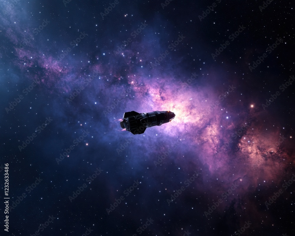 Naklejka premium Futuristic Spacecraft in a Colorful Cosmic Nebula Background