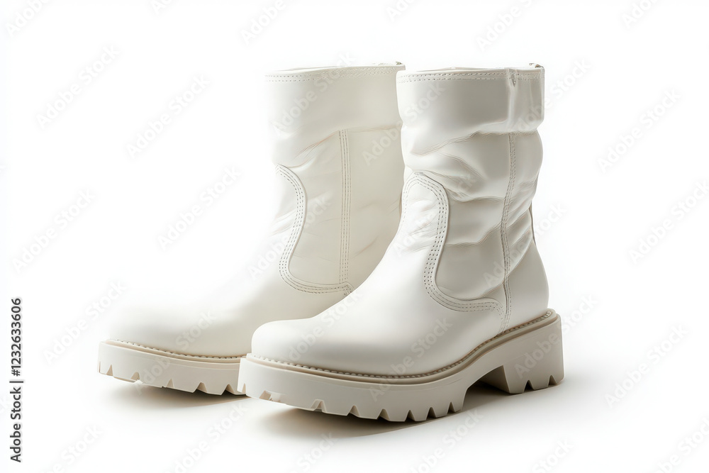 A pair of white ankle boots standing upright on a bright white background A pair of white ankle boots standing upright on a bright white background