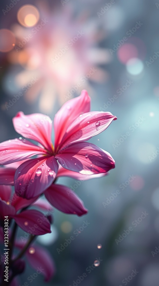 Fototapeta premium Pink Flower Dew Drops Macro Photography Soft Light