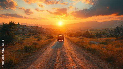 Sunset road trip in a vintage car through scenic landscape.
