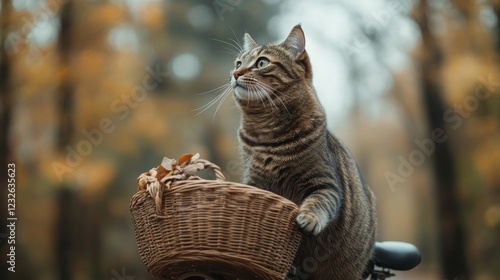 Cat Riding Bicycle Park Animal Photography Autumn Setting Close-Up Whimsical Adventure photo