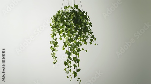 A hanging ivy plant with cascading vines, on a white background