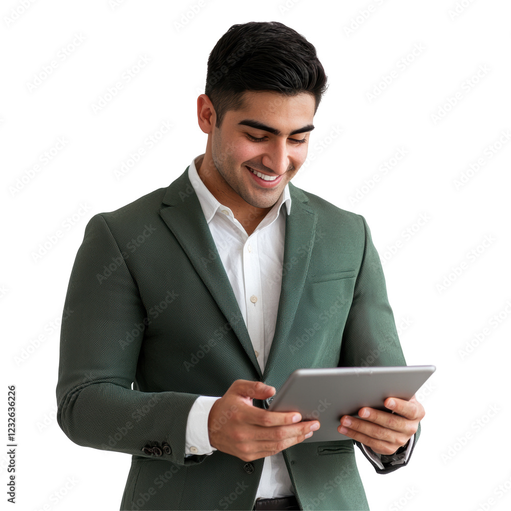 Confident young executive in tailored blazer using tablet with smile Confident young executive in tailored blazer using tablet with smile