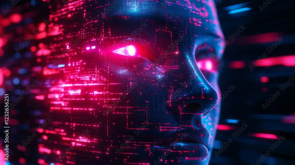 Abstract Futuristic Face Composed of Pink And Blue Neon Data Streams Abstract Futuristic Face Composed of Pink And Blue Neon Data Streams