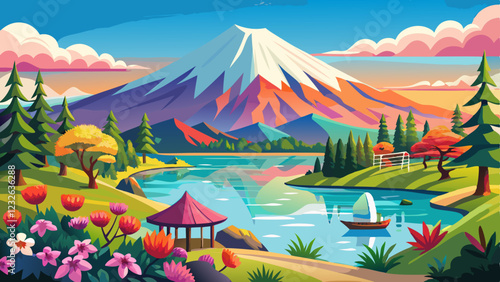 Panorama image of Mount Fuji and Lake.