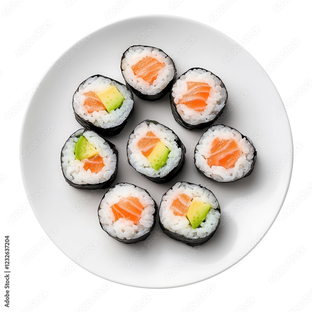 A beautifully arranged plate of sushi rolls with fresh fish and rice. png transparent A beautifully arranged plate of sushi rolls with fresh fish and rice. png transparent