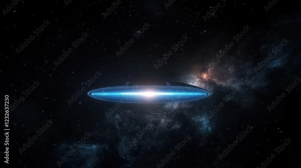 Obraz premium Futuristic UFO in Cosmic Space with Bright Light and Stars