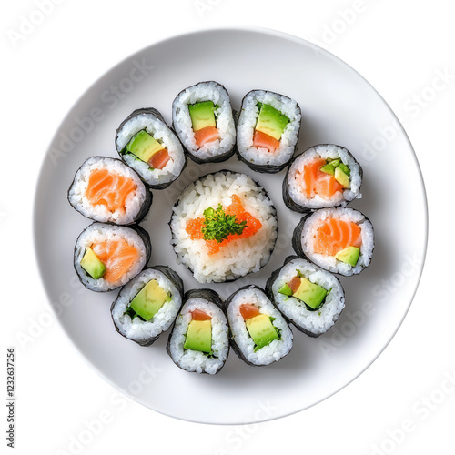 A beautifully arranged plate of sushi rolls with fresh fish and rice. png transparent