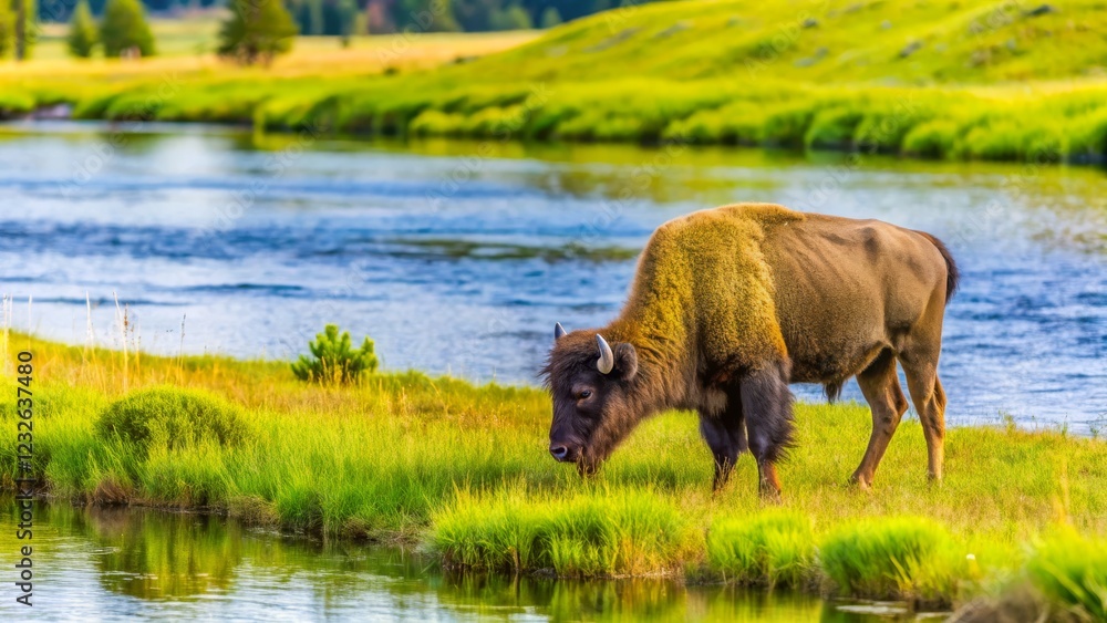 American Bison Grazing Near Serene River in Vibrant Green Landscape American Bison Grazing Near Serene River in Vibrant Green Landscape