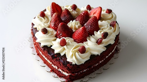 A heart-shaped red velvet cake topped with cream and strawberries on a white background