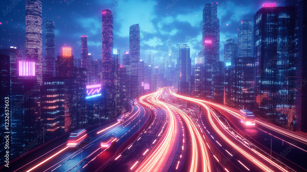 A futuristic cityscape at night, illuminated by vibrant neon lights and autonomous vehicles leaving behind glowing motion trails. Sleek skyscrapers with vertical gardens add a touch of sustainability. A futuristic cityscape at night, illuminated by vibrant neon lights and autonomous vehicles leaving behind glowing motion trails. Sleek skyscrapers with vertical gardens add a touch of sustainability.