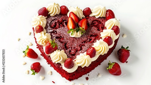 A heart-shaped red velvet cake topped with cream and strawberries on a white background