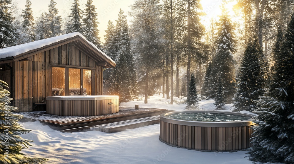 Winter cabin spa relaxation; snowy forest sunrise Winter cabin spa relaxation; snowy forest sunrise