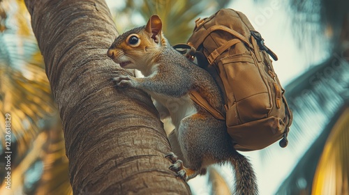 adventure of squirrel with backpack climbing coconut tree