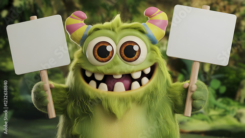 Friendly Monster with Signs: A cheerful, furry green monster with big eyes and a wide grin holds up two blank signs, ready for your message. Set against a vibrant jungle backdrop. photo