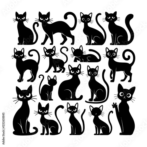 Set of black cat silhouettes.