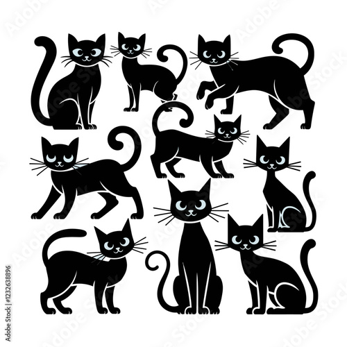 Set of black cat silhouettes.