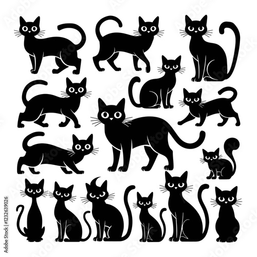 Set of black cat silhouettes.