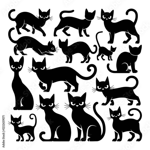 Set of black cat silhouettes.