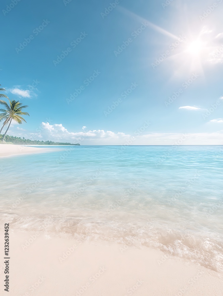 Fototapeta premium Tranquil beach scene with clear blue water, white sand, and a bright sun above.