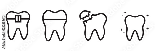 Dental line icons set. Teeth, tooth, care, medical, oral cavity, hygiene, dentist, health, sign, symbol. Isolated on a white background.