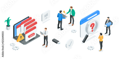 isometric vector concept with people and icons of computer and program window, in color on white background, debugging or problem solving in IT