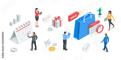 isometric vector shopping bag and clock with calendar and gift and business people, in color on a white background, shopping or sale time