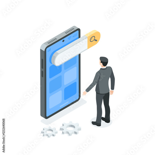 isometric vector business man in suit standing near smartphone with search field on screen, in color on white background, mobile apps or search