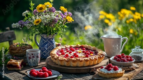 A rustic wooden table spread featuring freshly baked pies, steaming coffee mugs, and a vase of wildflowers. photo