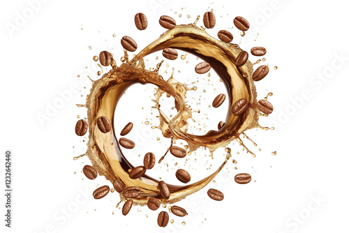 png  coffee with coffee beans  splash drop fly with saucer and spoon for mock up on transparent background,	generate ai