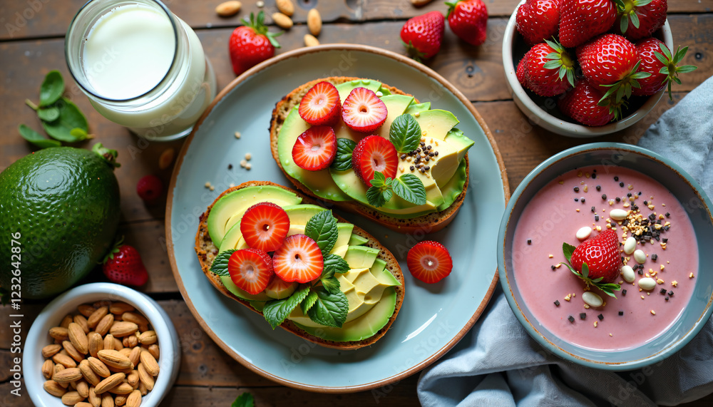 Fototapeta premium Delicious Avocado Toast with Strawberries Mint Healthy Pink Smoothie Breakfast