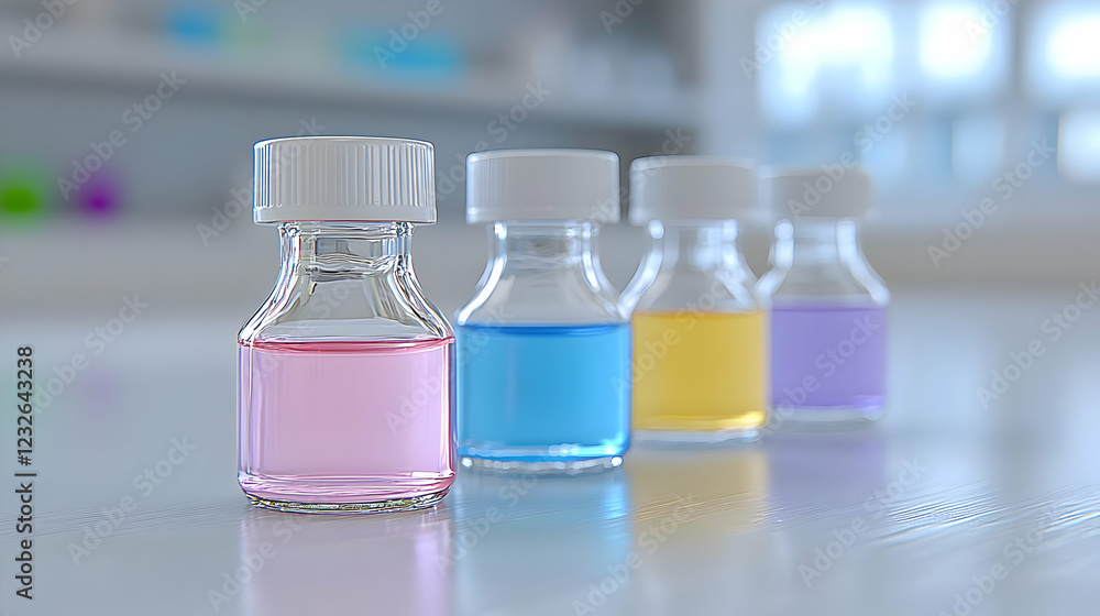 Colorful liquids in vials on lab bench, science research Colorful liquids in vials on lab bench, science research