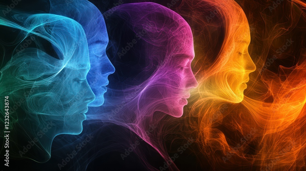 A group of people in an abstract design, using bright colors and dynamic lines to visualize excitement and energy in a conceptual way.