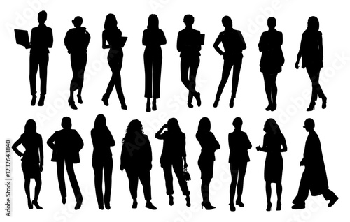 Silhouettes of diverse business women standing, walking, full length, front, side view, working on laptop. Business concept. Vector black illustrations isolated on transparent background.