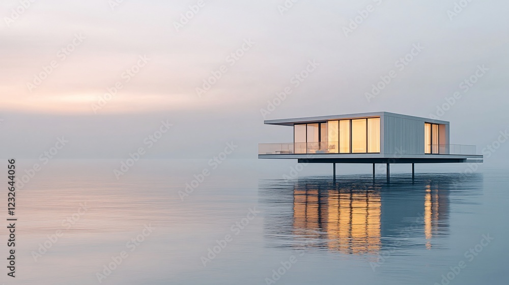 Modern stilt house, ocean sunrise, tranquil scene, peaceful retreat, architectural design Modern stilt house, ocean sunrise, tranquil scene, peaceful retreat, architectural design
