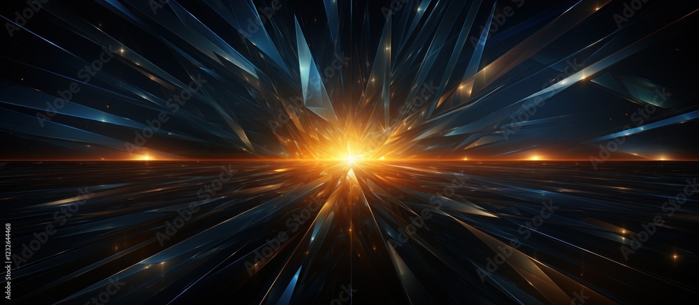Naklejka premium Crystal explosion, sunset horizon, futuristic space, abstract art, website banner