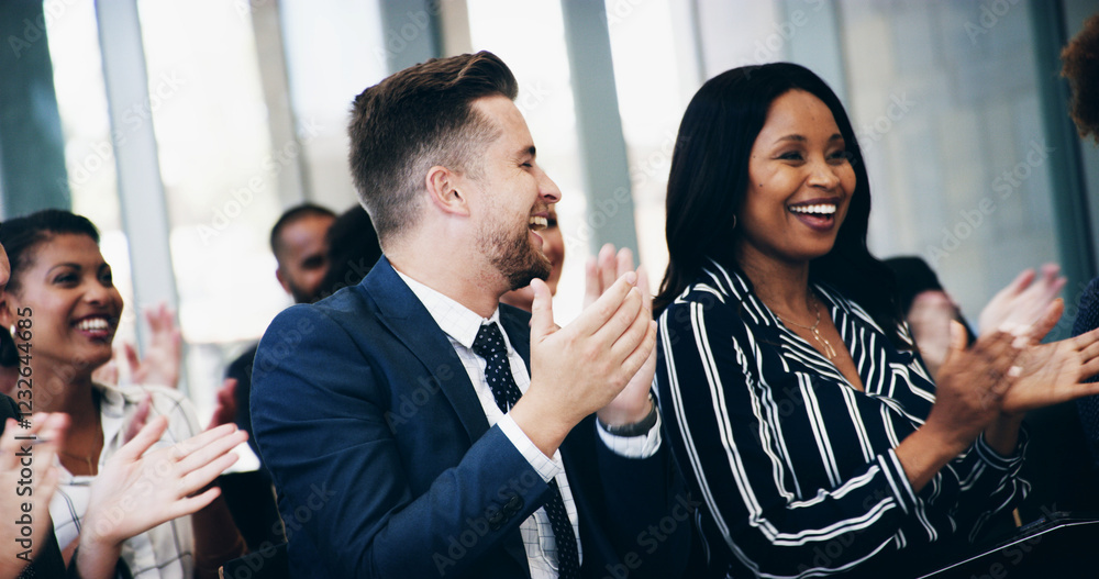 Obraz premium Business people, applause and happy in audience, conference and celebration for company goals. Crowd, men and women with diversity, success and announcement for profit with cheers at insurance agency