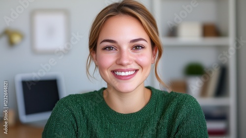 E-commerce+success story. Smiling woman in a cozy green sweater at home office setting. Free Download E-commerce+success story. Smiling woman in a cozy green sweater at home office setting. - GFXLoad