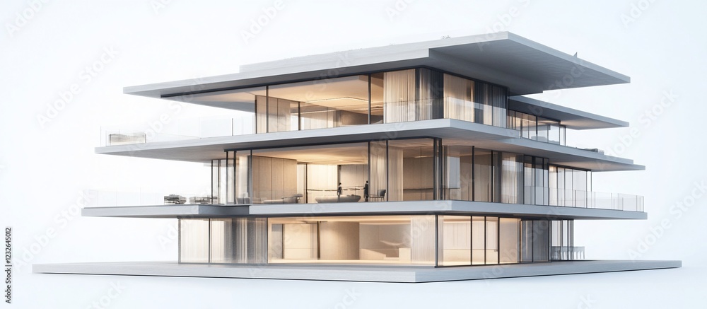 Fototapeta premium Modern luxury home architectural rendering, white background, interior visible
