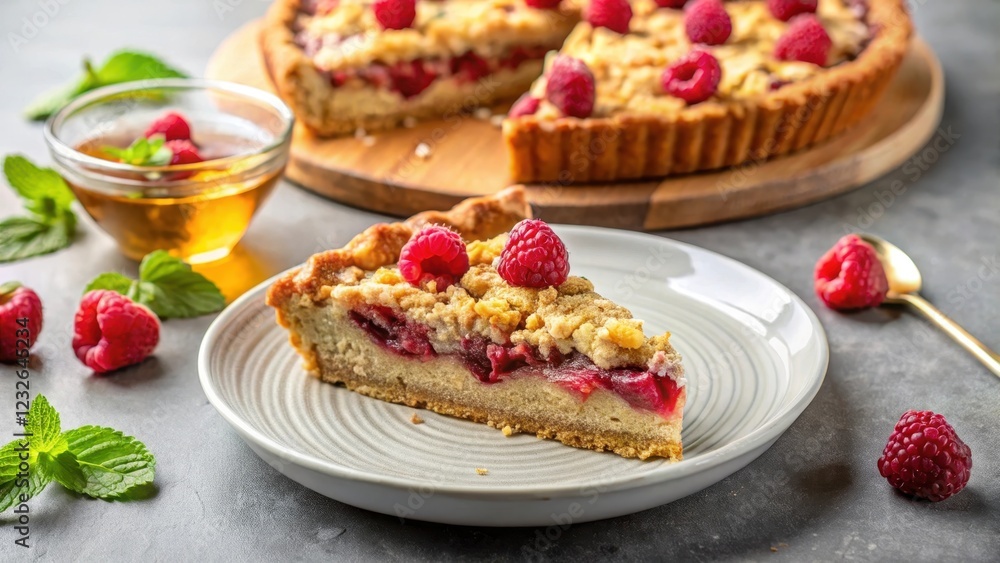 A slice of warm raspberry oat and almond crumble pie is placed on a ceramic plate, garnished with a few fresh raspberries and a drizzle of honey, breakfast dish, morning meal A slice of warm raspberry oat and almond crumble pie is placed on a ceramic plate, garnished with a few fresh raspberries and a drizzle of honey, breakfast dish, morning meal