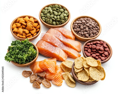 Pet food industry , pet business growth Assorted healthy food ingredients on a table. Isolate on white image for advertising photo