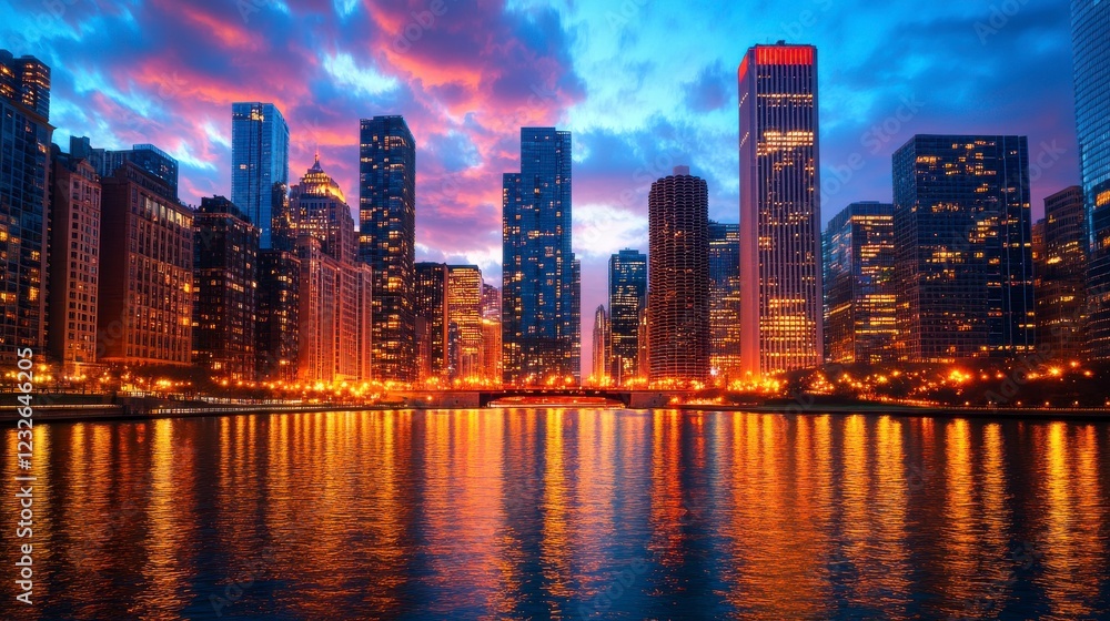 Fototapeta premium City Lights Reflecting on Calm Water at Twilight